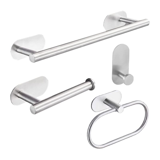 Bathroom Accessories Set, 4 Piece No Drilling Bathroom Towel Bar, Black Stainless Steel Towel Rings, Black Adhesive Toilet Paper Holder