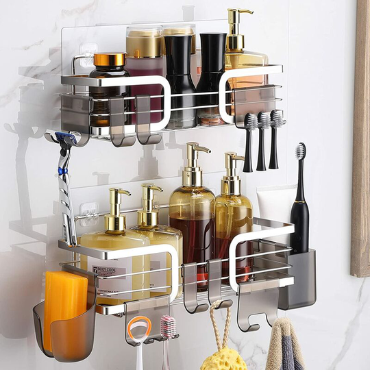 Shower Shelf No Drilling 2 Pieces Bathroom Shelf Wall Mounted Stainless Steel Self Adhesive Shower Towels Shower Shampoo Holder with 10 Hooks Shower