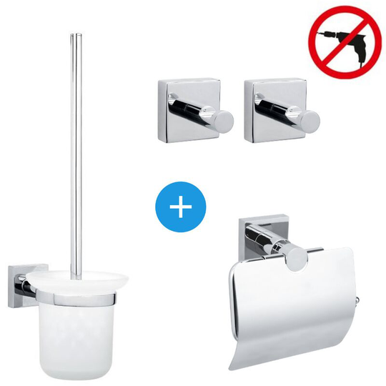 Tesa - Hukk Set Unwinder with cover + Toilet brush + 2 Towel hooks, easy installation without drilling, Chrome (40247-QUADRIO )