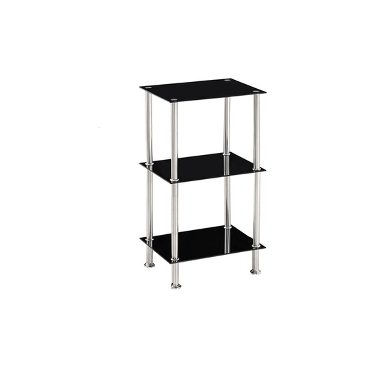 Glass Shelf Tier Storage Unit, Rectangular Shape in Black or Clear Glass with Chrome Stand, Shelving Unit (Black, Tier 3) - Black