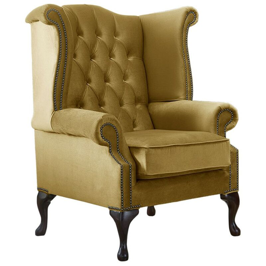 Chesterfield Queen Anne High Back Wing Chair Malta Gold Velvet Fabric