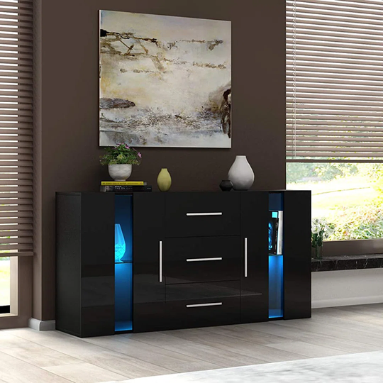 2 Doors 3 Drawers Sideboard Cupboard Unit Cabinet RGB LED Lighted Storage With Glass On The Door And Inside (Black)