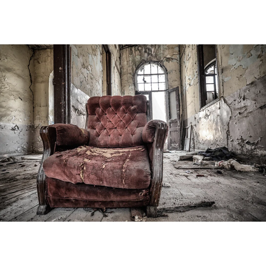 Old and Worn Vintage Red Armchair in the Abandoned House - Wrapped Canvas Photograph