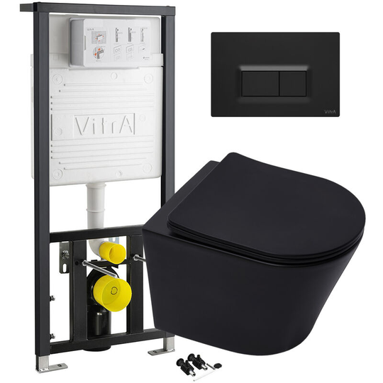 Matt Black Rimless Wall Hung Toilet & VITRA Concealed WC Cistern Frame - Square Plate Set