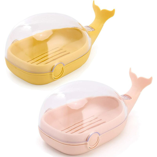 2 plastic soap boxes with drain belt cover to keep soap dry, kitchen shower bathroom soap dish (pink / yellow)