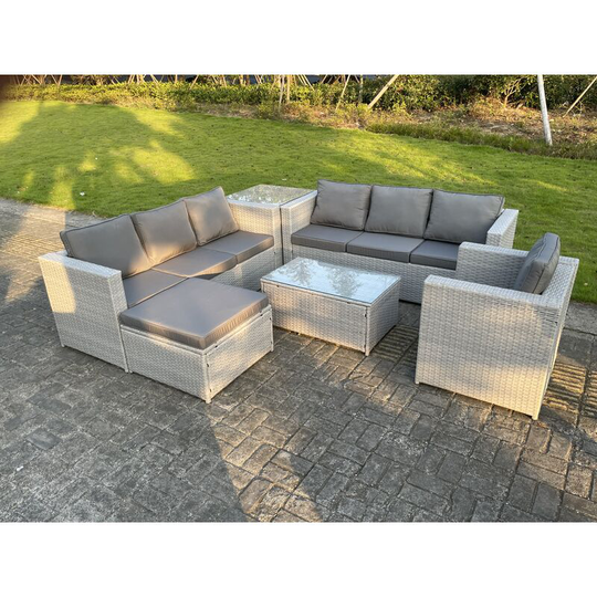 Light Grey pe Rattan Garden Furniture Set Corner Lounge Sofa Set Oblong Square Coffee Table Big Footstool Armchair - Fimous