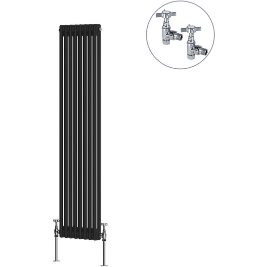 Traditional Rad Cast Iron Style Radiator Black + Chrome Angled Traditional Radiator Manual Valves 1500x380mm Vertical Double Column