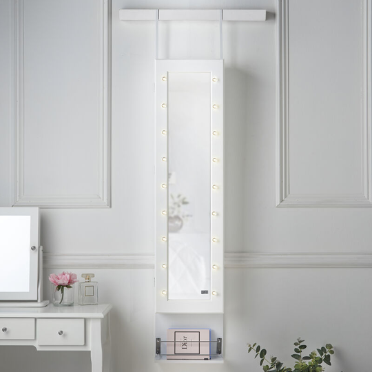Crystal Wall Door Mounted Full Length Mirror Jewellery Cabinet with led Lights & Hair Dryer Holder Makeup Storage White - White