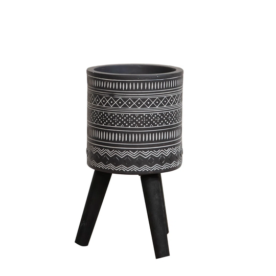 Ornate Fibre Clay Planter Black With Wooden Legs