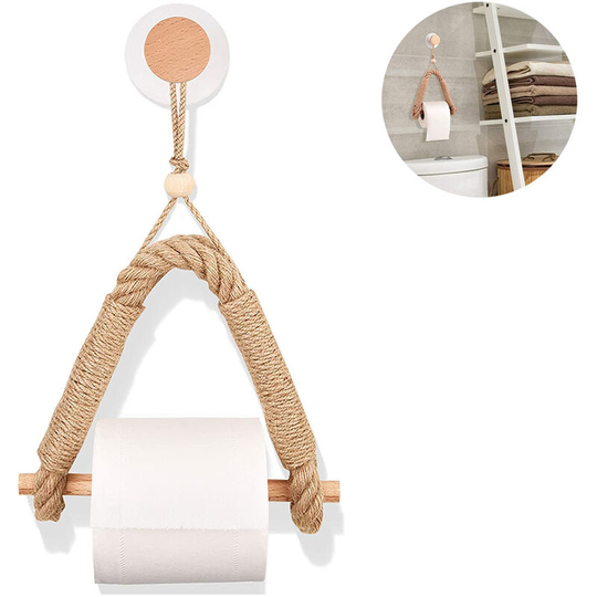 Home Toilet Roll Holder Creative Wood Roll Holder Country House Toilet Paper Holder Toilet Bathroom Retro Wall Mount Rope-Style 1