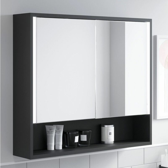 Bathroom Mirror Cabinet LED Wall Mounted 700x800mm Black Demister Shaver Storage - Black
