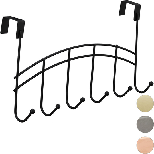 Door Coatrack, Curved Hook Bar, Hanging, 6 Hooks, Metal, 21x40x10.5 cm, Black - Relaxdays
