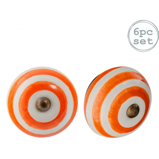Round Ceramic Cabinet Knobs - Orange Stripe - Pack of 6 - Nicola Spring