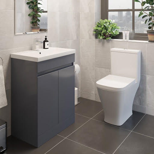 Marseille Close Coupled Toilet & Artis Grey Gloss Vanity Unit 600mm