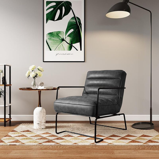 Grey Mid-Century pu leather Linen Armchair with Metal Base - Livingandhome