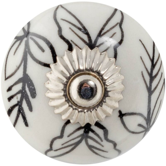 Round Ceramic Cabinet Knob - Black Leaves - Nicola Spring