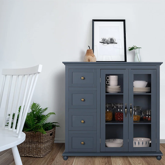 Kitchen Buffet Sideboard Storage Cabinet, Floor Cupboard Cabinet With 2 Glass Doors And 4 Drawers For Home Dining Room, Living Room And Entryway, Whit