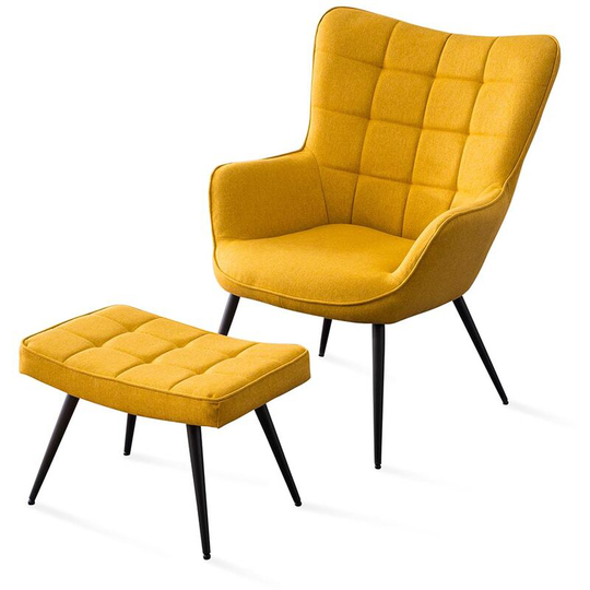 Vera Linen / Velvet Occasional Lounge Living Room Accent Chair Armchair Metal Legs Yellow with Footstool - Yellow with Footstool