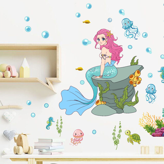 2 Mermaid Bathroom Wall Stickers Children Cartoon Princess Bedroom Living Room Decoration Removable Warm Stickers