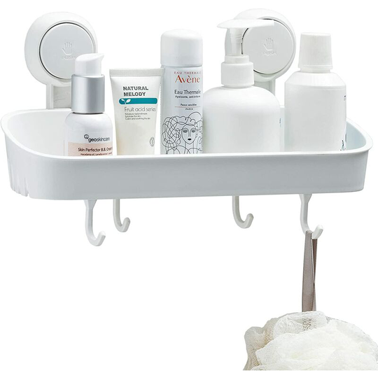 Suction Cup Shower Caddy with 4 Hooks, Wall Mounted Shower Caddy for Shampoo, Body Wash, Conditioner, Plastic Shower Holder for Kitchen and Bathroom,