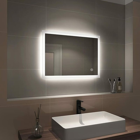 EMKE Illuminated Bathroom Mirror 500 x 700 mm, LED Bathroom Mirror 6500K Cold White Light with Touch Switch + Demister Pad, Frameless Wall Mounted