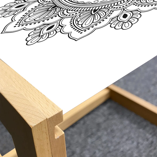Ethnic Coffee Table, Illustration Of A Circular Orient Design With A Yin Yang In The Center, Acrylic Glass Center Table With Wooden Frame For Offices