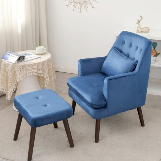 Velvet Accent Armchair Lounge Armchair with Footstool in Blue - blue