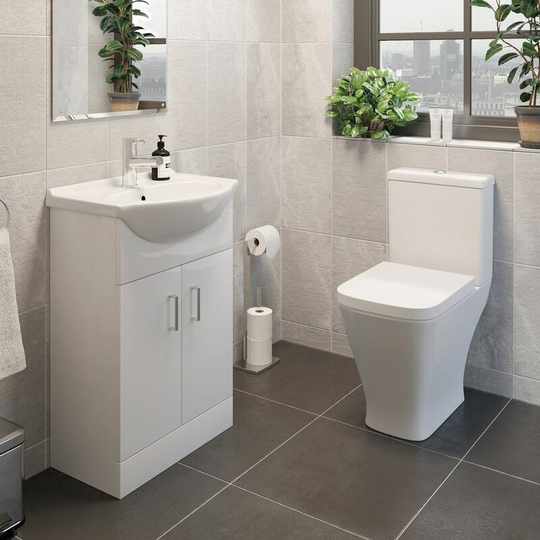 Modern Bathroom Suite Toilet Pan WC 550mm Vanity Unit Basin Sink White Gloss - White