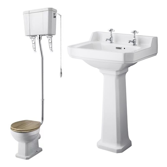 Nuie Richmond Traditional Bathroom Suite High Level Toilet 500mm Basin - 2 Tap Hole
