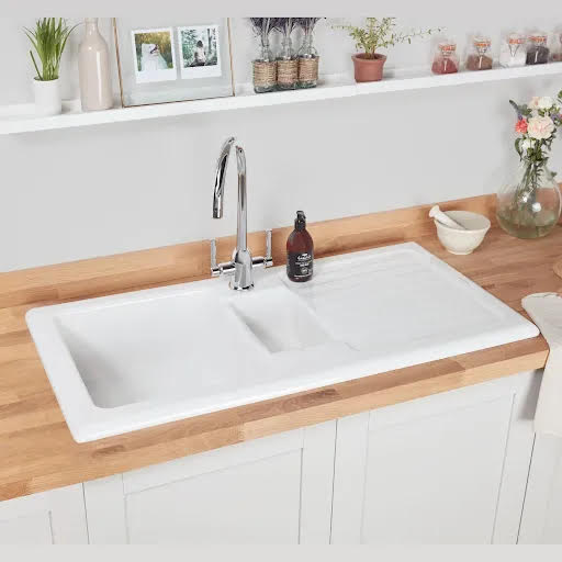 Rangemaster Rustic Ceramic Inset 1.5 Bowl Kitchen Sink with Cruciform Chrome Kitchen Mixer Tap