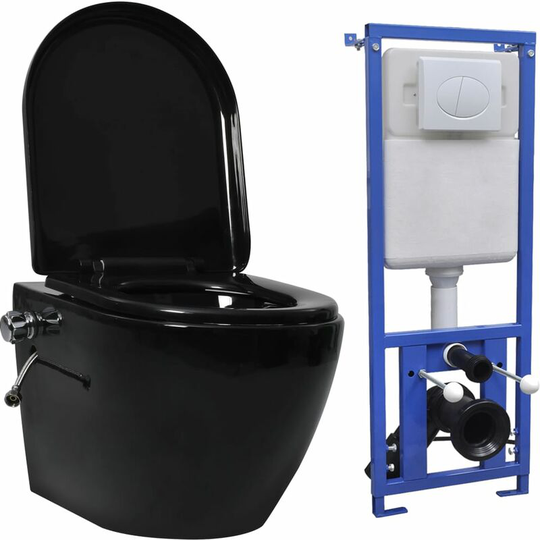 Wall Hung Rimless Toilet with Concealed Cistern Ceramic Black FF3055349_UK - Topdeal