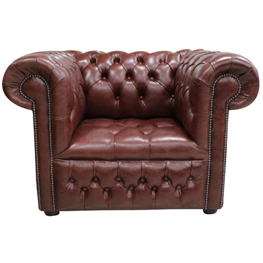 Chesterfield Low Back Club ArmChair Buttoned Seat Old English Dark Brown Leather