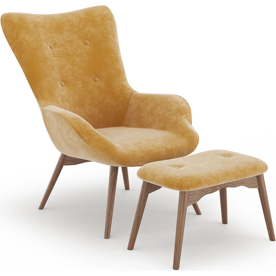 Privatefloor - Velvet upholstered armchair with footrest - Huda Yellow Velvet, Wood, Wood, Polyester - Yellow