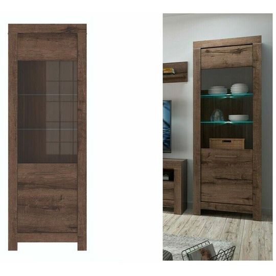 Tall Glass Display Cabinet Slim Unit 1 Glass Door Dark Oak Finish led Light Balin - Dark Oak Finish