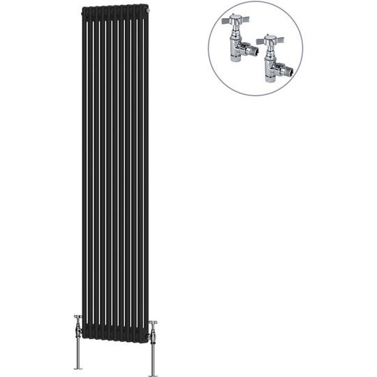 NRG - Traditional Rad Cast Iron Style Radiator Black + Chrome Angled Traditional Radiator Manual Valves 1800x470mm Vertical Double Column