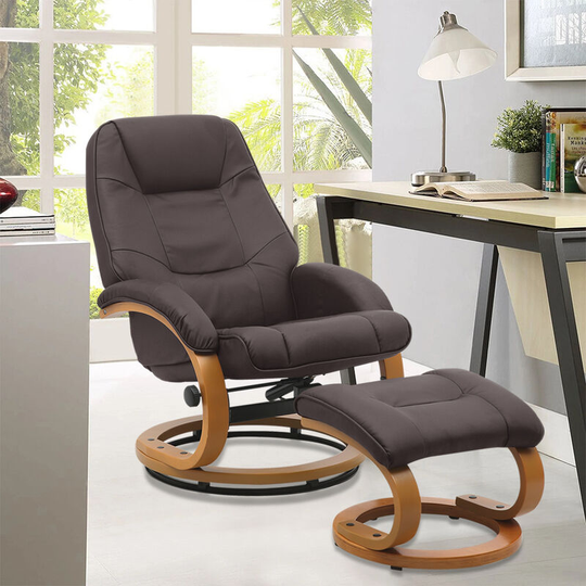 Pu Leather Swivel Reclining Office Armchair with Footstool, Brown - Livingandhome
