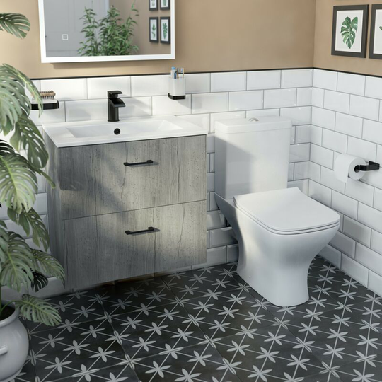 Lea concrete wall hung vanity unit with black handle 600mm and Derwent square close coupled toilet suite - Grey - Orchard