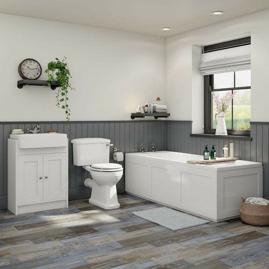 Thebathco - The Bath Co. Camberley straight bath suite with white vanity unit, bath panels and close coupled toilet - White
