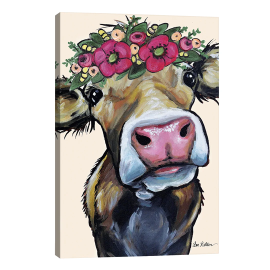 'Hazel the Cow Flower Crown on Cream' Graphic Art on Wrapped Canvas