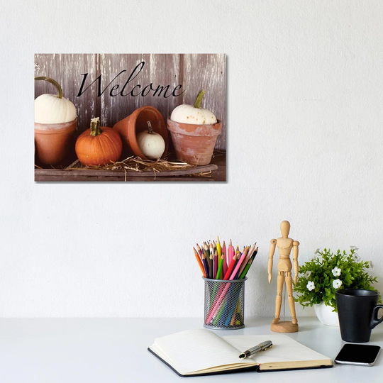 Welcome Pumpkin Shelf by Anthony Smith - Wrapped Canvas Art Prints