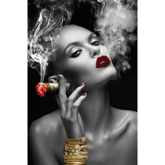 Smoking Beauty with Red Lips - Unframed Graphic Art on Glass