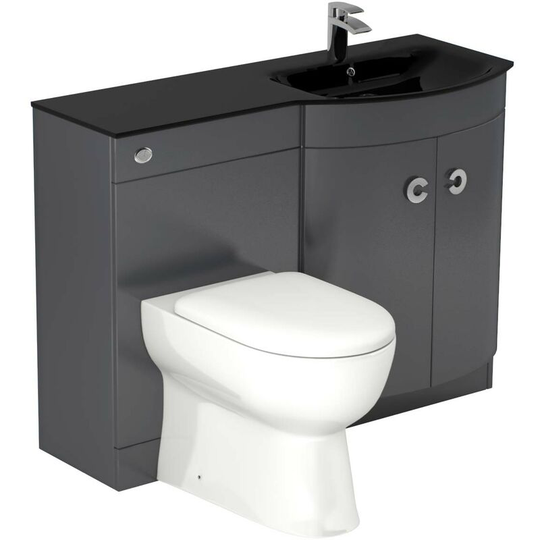 Wholesale Domestic - Venice Curved Black Glass 1100mm Right Hand Gloss Grey Vanity Unit Toilet Suite - Grey