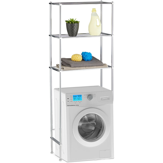 Laundry Storage Shelf, Bathroom Rack with 3 Shelves, Chrome, hwd: 162 x 63 x 30 cm, Silver - Relaxdays