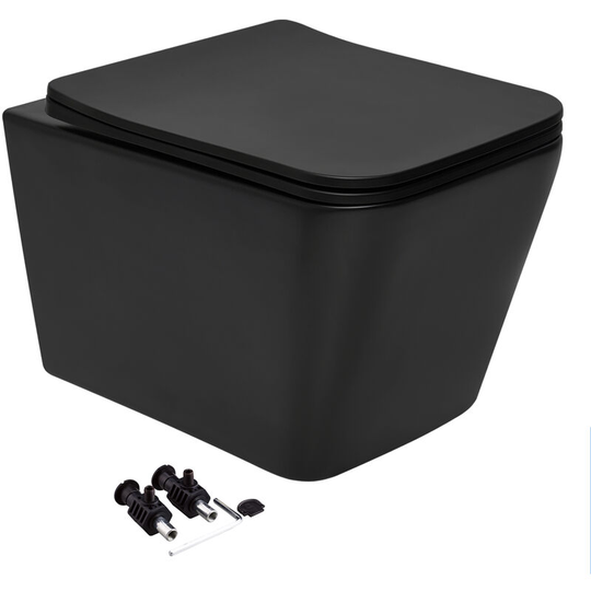 Black Square Wall Hung Rimless Toilet wc Pan with Soft Close Slim Seat Hidden Fixation