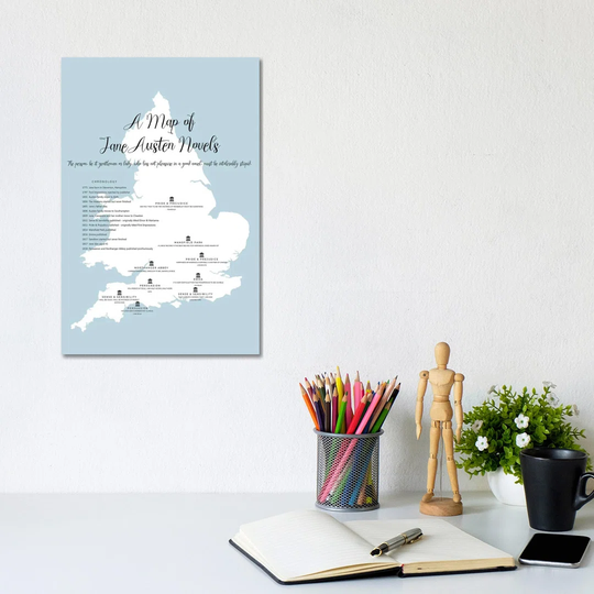 Map of Jane Austen Novels by Bibliotography - Wrapped Canvas Typography