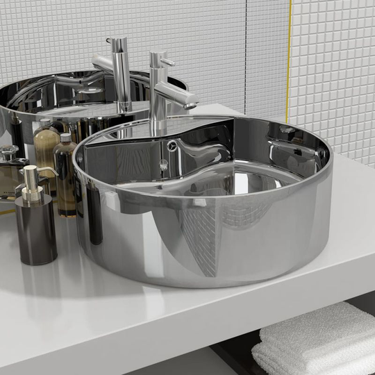 Wash Basin with Overflow 46.5x15.5 cm Ceramic Silver VD05751 - Hommoo