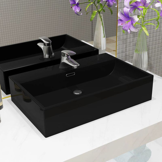 Basin with Faucet Hole Ceramic Black 76x42.5x14.5 cm VD04801 - Hommoo