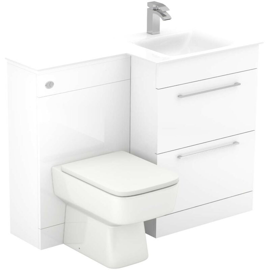 Venice Square White Glass 1100mm Right Hand 2 Drawer Gloss White Vanity Unit Toilet Suite - White