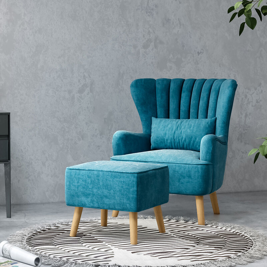 Suede Wingback Armchair with Footstool and Lumbar Pillow, Teal Blue - Livingandhome