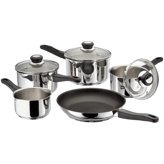 Judge Vista 5 Piece Stainless Steel Pan Set with Draining Glass Lids, 14/16/18/20cm Saucepans / 26cm Non-Stick Fry
